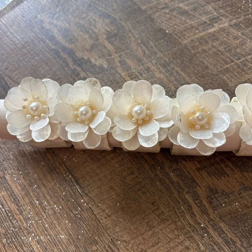 Vintage Capiz Shell Flower Napkin Rings Faux Pearl Center Cream Set of 5 Floral